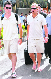 Rajasthan Royals Greame Smith (L) and skipper Shane Warne on their arrival for the match. 