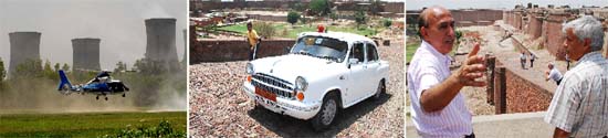 Officials of the tourism department using CMs chopper (left); Official car at the fort (middle) which ASI sources said is prohibited; Financial Commissioner R.C. Nayyar & Director, Wetlands International, C.L. Trisal having a look at the site