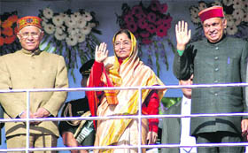 President Pratibha Patil with Governor V.S. Kokje (left) and Chief Minister P.K. Dhumal during a function at The Ridge in Shimla on Wednesday.