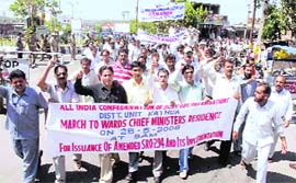 Members of the Kathua district unit of the All-India Confederation of SC/ST/OBC Organisations protesting for the acceptance of their demands in Jammu on Wednesday.