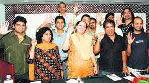Operating officers of Just TV Punjabi channel at a press conference in Ludhiana on Wednesday.
