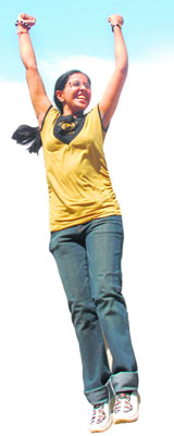 Damini leaps in joy.