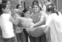 Students of St Peters Academy celebrate their success in CBSE Class X examination in Patiala on Thursday.