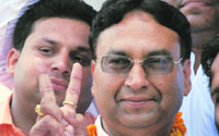 Congress candidate Bhim Sen Mehta along with his supporters after winning the byelection from the Indri assembly constituency in Karnal.