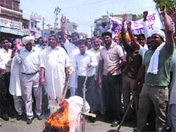 Gujjars burn an effigy of Rajasthan Chief Minister Vasundhara Raje in Balachaur on Thursday.
