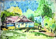 Green fields& brown-roofed houses