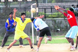 Handball players in action during a practice session at Handball Centre, PAU, Ludhiana, on Friday. 