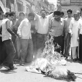 BJP activists burn the effigy of petroleum minister Murli Deora in a protest against the proposed petrol and diesel price hike, in Ambala