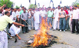 Gujjars burn the effigy of Vasundhra Raje on Saturday.