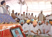 SAD (A) chief Simranjeet Singh Mann (middle) speaking at the bhog ceremony of Sham Lal at Bhagta Bhai Ka village