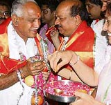 Karnataka Chief Minister B.S. Yeddyurappa being greeted by party workers after he arrives at the BJP national executive meeting in New Delhi on Sunday.