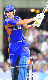 Rajastan Royals Yusuf Pathan in action against Chennai Super Kings during the IPL T20 final match at the D Y Patil Sports Stadium at Nerul in Mumbai on Sunday.