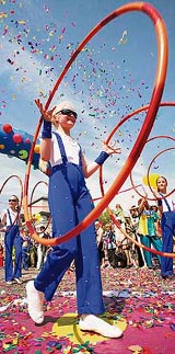 Girls perform during a march in Siberian city of Krasnoyarsk during the celebration of the International Childrens Day on Sunday.