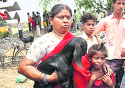 A girl of a displaced family cries as her family members helplessly watch the demolition drive.
