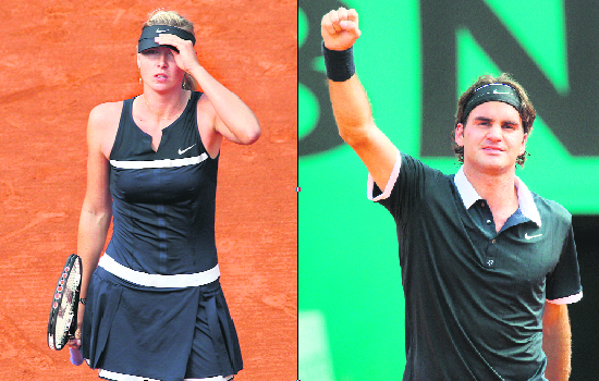 Russias Maria Sharapova reacts after losing a point to her compatriot Dinara Safina and Swiss Roger Federer celebrates after winning against Frances Julien Benneteau.