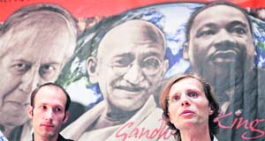 Jan Tamas (left) and Jan Bednar, pacifist activists, who have been on a hunger strike since May 13 to protest against the planned US missile defence radar base in the Czech Republic, address a news conference in Prague on Monday