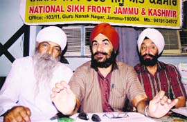 Members of the National Sikh Front Jammu and Kashmir addressing a press conference in Jammu on Tuesday.