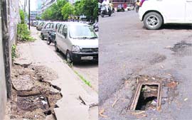 An open manhole at Feroze Gandhi Market (left) and another at Bhadaur House in Ludhiana.