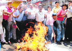 BJP activists burning an effigy of the UPA government against the price hike in petroleum products in Jammu
