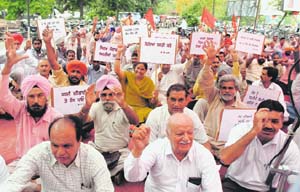 CPI activists hold a dharna at the mini secretariat in Ludhiana on Friday. 