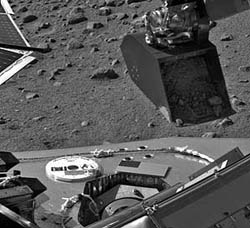 This image released by NASA on Friday was taken by Phoenix Mars Lander's Surface Stereo Imager on Thursday, the 11th day after landing. It shows the robotic arm scoop containing a soil sample poised over the partially open door of the thermal and evolved-gas analyzer's number four cell or oven. Light-coloured clods of material visible toward the scoop's lower edge may be part of the crusted surface material seen previously near the foot of the lander.