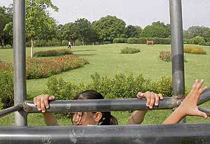 A child enjoys on a jungle gym at Leisure Valley in Chandigarh on Wednesday. 