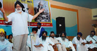 Ravi Inder Singh, chief of the Akali Dal 1920, addressing a convention in Bathinda on Monday.