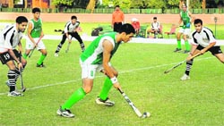 A match between RCF and BPCL teams for Olympian Dharam Singh Memorial Hockey Tournament at Hockey Stadium, Sector 18 in Chandigarh