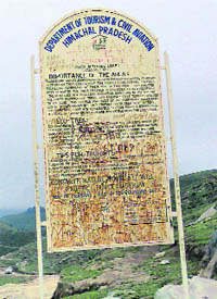 The billboard put up by the Department of Tourism and Civil Aviation at the Parashar Lake temple, being promoted as a new tourist destination, has been badly defaced.