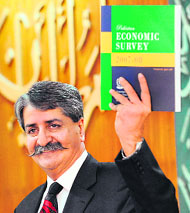 Pakistani acting finance minister Syed Naveed Qamar shows a copy of the "Pakistan Economic Survey 2007-2008" report in Islamabad on Tuesday.