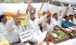 Traders sit on dharna against the insulting and derogatory remarks made in the ICRIER report on retail trade and the spiralling prices of essential commodities at Jantar Mantar in New Delhi 