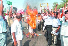 Members of the Bajrang Dal burn an effigy of the Mata Vaishno Devi Shrine Board for imposing ticket system for darshan on Tuesday.