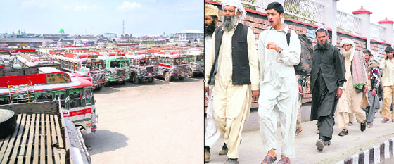 Passenger buses are parked inside a bus terminal in Srinagar; and right: Stranded and harassed passengers are left with no alternative except to walk on foot in view of the transport strike.