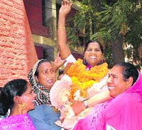 Eunuch leader Santosh Kumari Mahant along with supporters after filing nomination papers in Bathinda on Tuesday. 