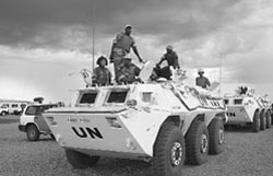 Zambian soldiers from the UN peacekeeping force atop an armoured personnel carrier at the UN base in Sudans oil-rich Abyei town