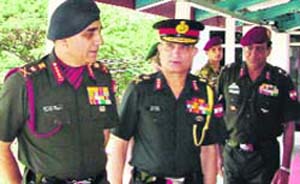 The Army chief, Gen Deepak Kapoor (left) along with Lt-Gen Vijay Sharma, (centre) GOC, 9 Corps, at Yol Cantonment on Wednesday.