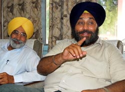 Shiromani Akali Dal chief, Sukhbir Singh Badal, talking to The Tribune at Bathinda on Thursday. Also seen in the picture is Sikendar Singh Maluka, district president of SAD.