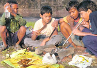The little boys try to eke out their living by selling bhuttas on the roadside in Chandigarh on Thursday.