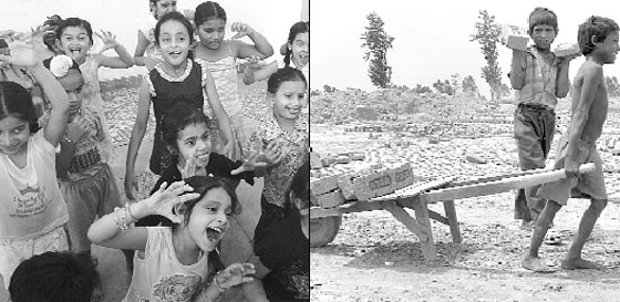 Children perform during a summer workshop in Mohali; and (right) children at a brick kiln on the World Day Against Child Labour near Ambala on Thursday.