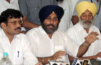 SAD chief Sukhbir Singh Badal addressing media persons in Bathinda on Friday.