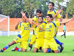 Punjab players celebrate their win over Karnataka during the second semifinals of the 62nd National Foodball Championship soccer match for the Santosh Trophy 2008. 