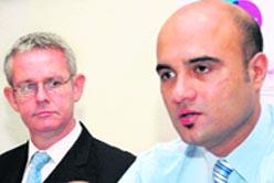Kevin McLaven, first secretary, education services, British High Commission (on the left) addresses a press conference along with D. Adhikari in Chandigarh on Friday.