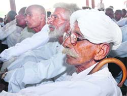 Elderly men listen to Chief Minister Bhupinder Singh Hooda during a thanksgiving rally in the Indri constituency near Karnal on Friday.