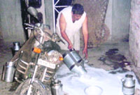 A milkman destroys synthetic milk following a raid conducted by a team of officials from the health department.