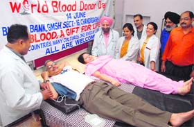 Volunteers donate blood at Government Multi-Specialty Hospital, Sector 16, Chandigarh