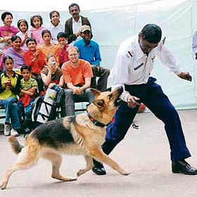 A cop makes a dog perform a trick at a dog show organised by the Himachal Police and the Red Cross Society on the occasion of World Blood Donors Day at The Ridge in Shimla