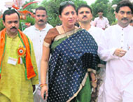 BJP leader and national executive member Smriti Irani arrives to attend the two-day Bharatiya Janata Yuva Morcha national executive members meet in Jammu on Saturday.