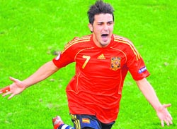 Spains David Villa celebrates after scoring the second goal against Sweden at the Tivoli Neu stadium in Innsbruck on Saturday. 