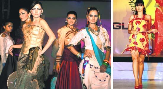 Models walk the ramp during a fashion show organised by Sportking Institute of Fashion Technology in Ludhiana