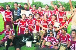 Players of Punjab team celebrate after winning the final match of the 62nd National Football Championship for the Santosh Trophy 2008 against Services in Srinagar on Sunday.
